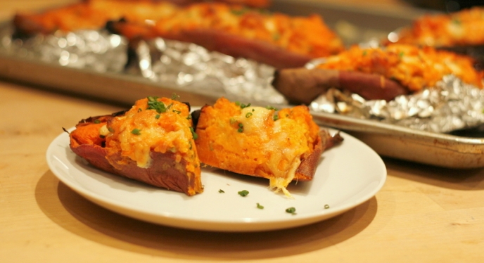 Double Stuffed Sweet Potatoes With Smoked Cheddar And Maple 